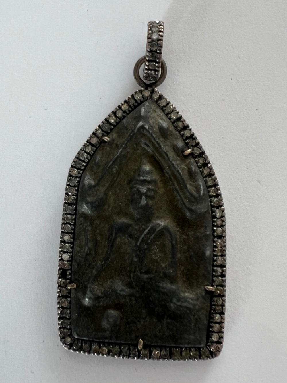 The Woods Fine Jewelry - Buddha pendant with pave border and clasp- 2.75“ long